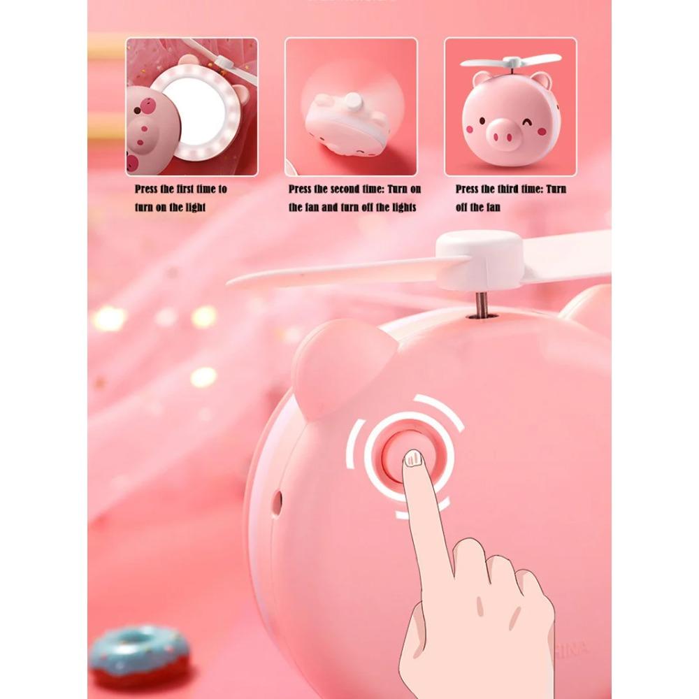 Cute Piggy Makeup Mirror Handheld Mini Fan with Led Light Cosmetics Mirror with Small Fan Girls Travle Portable Fan