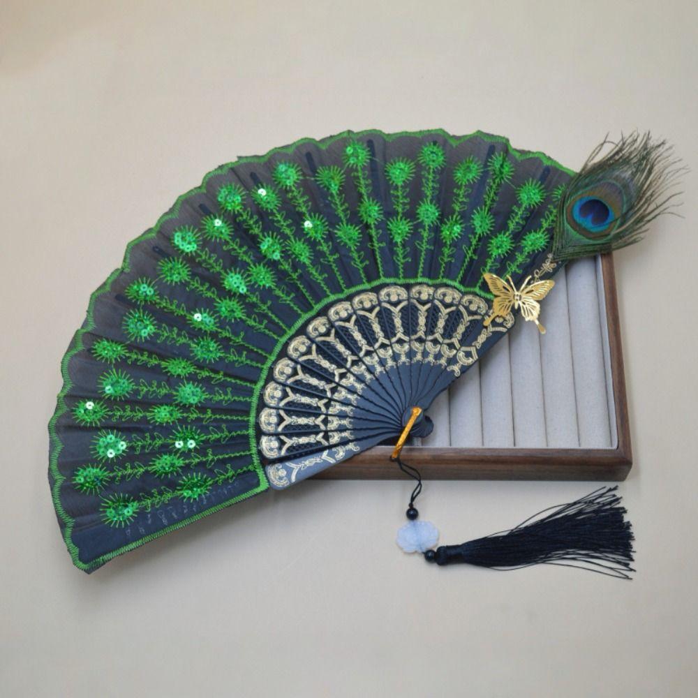 Portable Peacock Feather Folding Fan Exquisite Dance Hand Fans  Wedding Party Decor