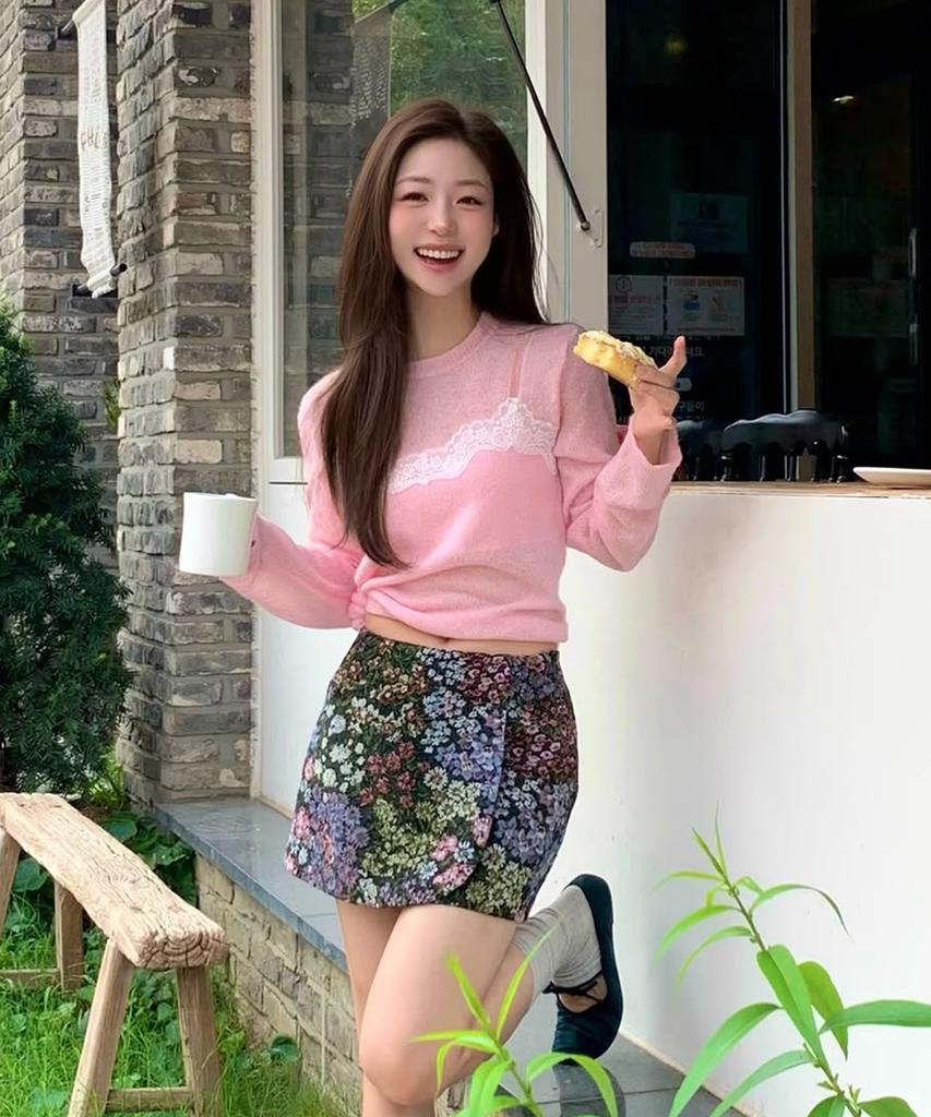 SINOON Lace Patch Sheer Knit (Pink)