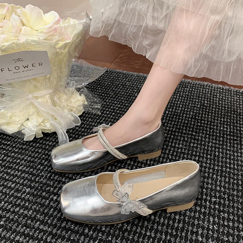 Square head Mary Jane shoes women's 2025 autumn new French butterfly rhinestone pedal with skirt princess shoes single shoes