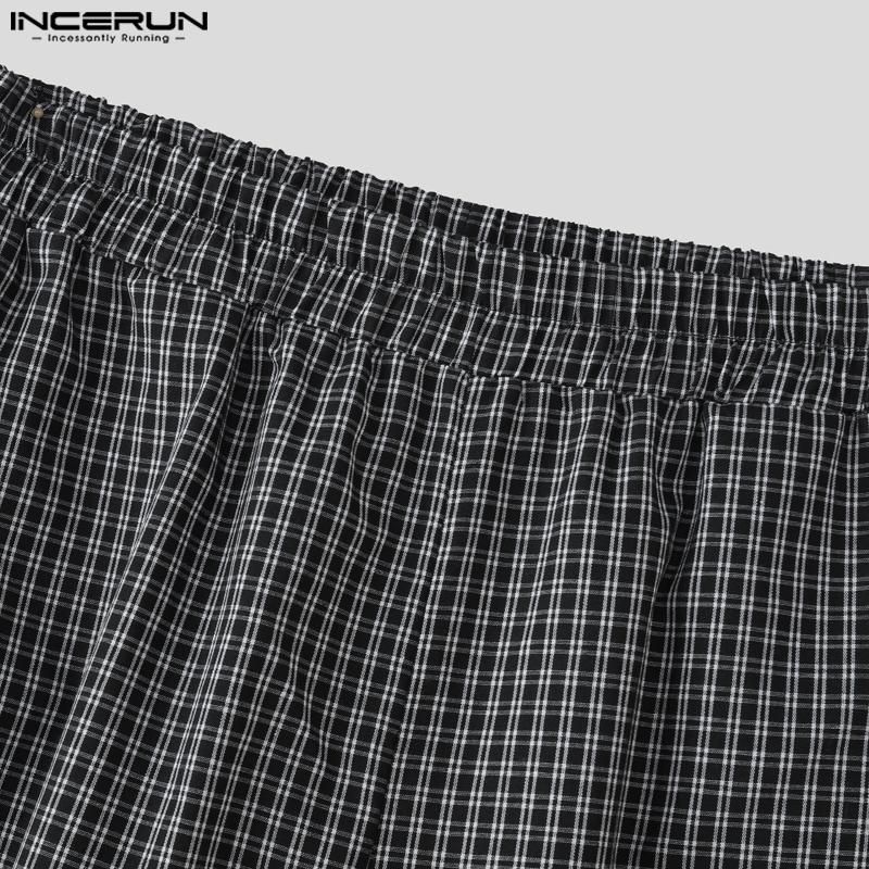 INCERUN Men Elastic Waist Plaid Print Casual Loose Wide Legs Capri Pants Shorts
