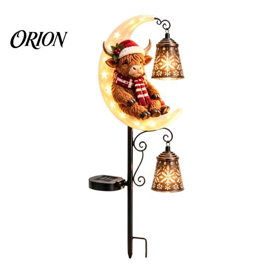 Weather Resistant Backyard Ornaments Highland Cow Moon Solar Garden Light, Christmas Metal Waterproof Powered Path Lights Stake Outdoor Yard