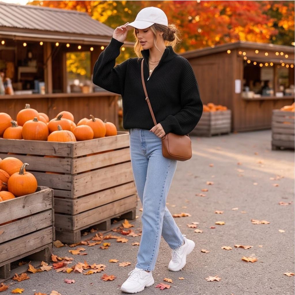 Women's Oversized Knit Pullover Sweater with Zipper, Versatile Casual Top for Fall and Winter