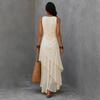 Maxi Abito da Donna Senza Maniche Scollo a V in Chiffon con Fondo Arricciato per Vacanza al Mare