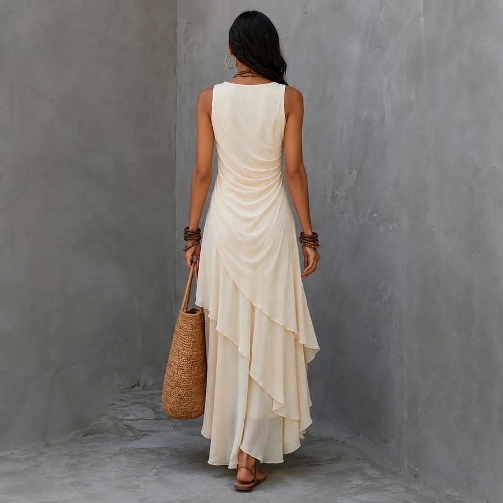 Maxi Abito da Donna Senza Maniche Scollo a V in Chiffon con Fondo Arricciato per Vacanza al Mare