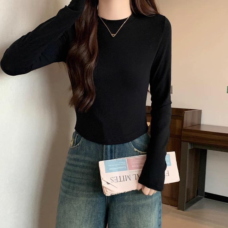 Designed Slim-fitting Right-shoulder Long-sleeved Round-neck Stretch T-shirt for Women In Early Autumn New Style High-waisted Short Bottoming Top