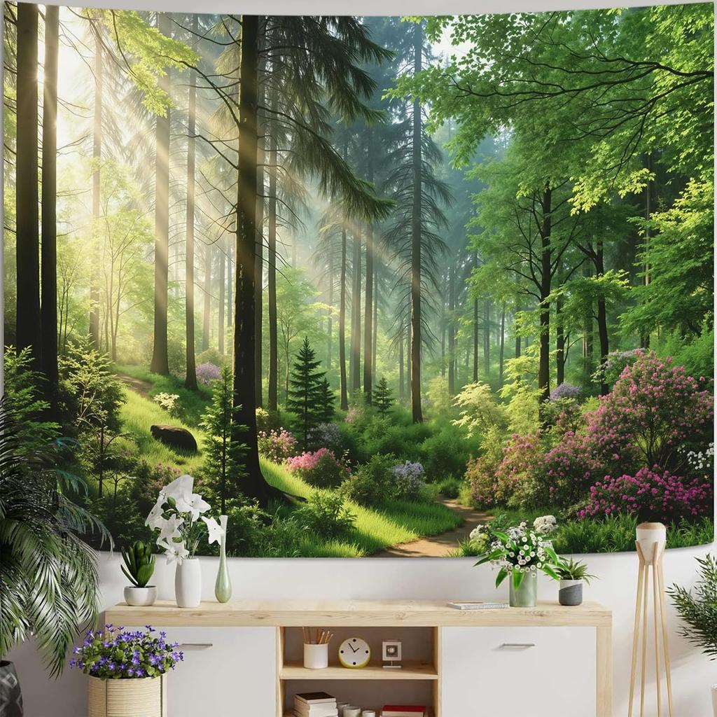 Aesthetic Sunlit Forest Path Tapestry, Lush Green Trees Blooming Flowers Nature Wall Hanging, Rustic Zen Landscape Tapestry