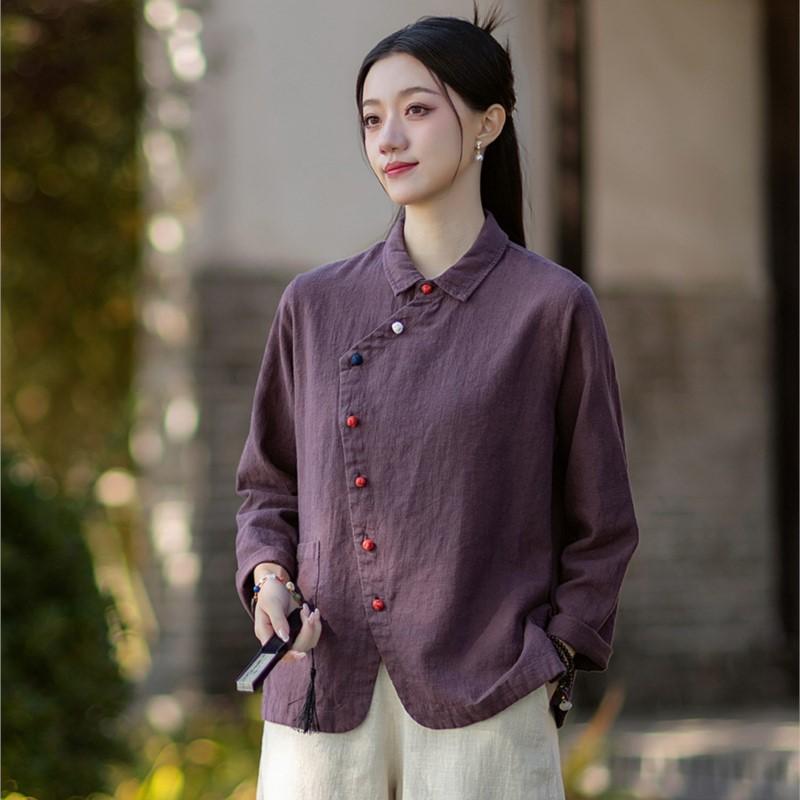 

Johnature Women Vintage Shirts Tops Spring Chinese Style Solid Color Turn-down Collar Long Sleeve Shirts One Size фіолетовий
