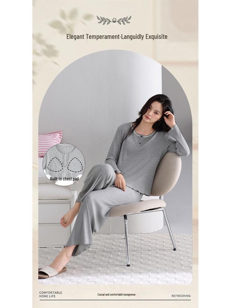 New Women's Grey Casual Modal Pajama Set - Long Sleeve Pullover with Chest Pads and Long Pants for Spring and Autumn