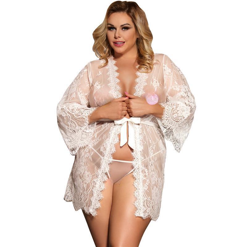 Women's Pajamas Plus Size Erotic Pajamas Belted Sexy Lace Pajamas See Through Cardigan Pajamas