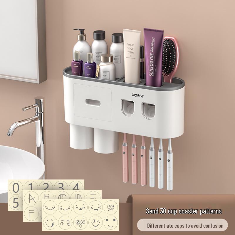 Punch-Free Wall-Mounted Toothbrush & Mouthwash Cup Set with Electric Toothpaste Dispenser