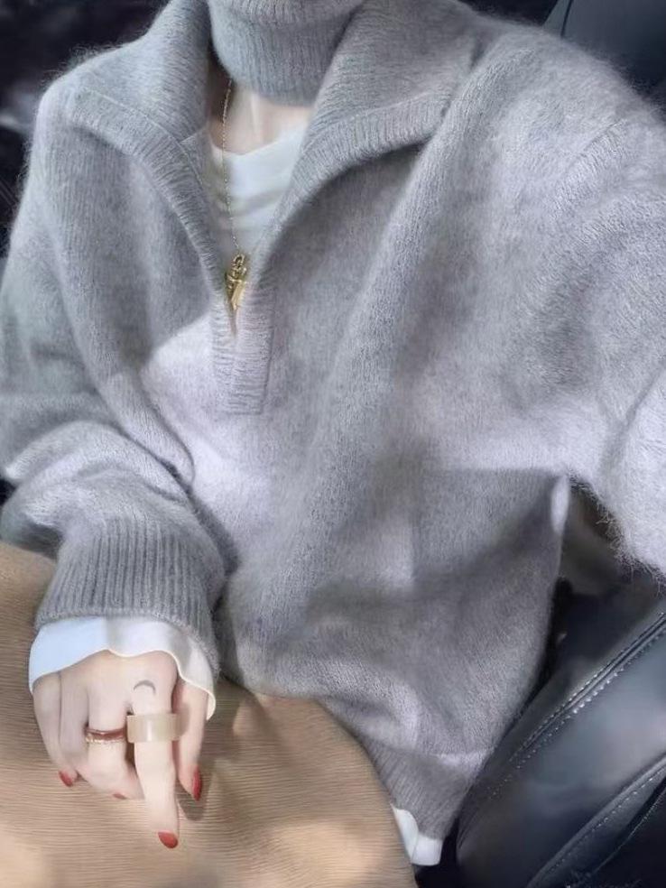 Avocado Green Korean-Style Fluffy Knit Cardigan Pullover for Women