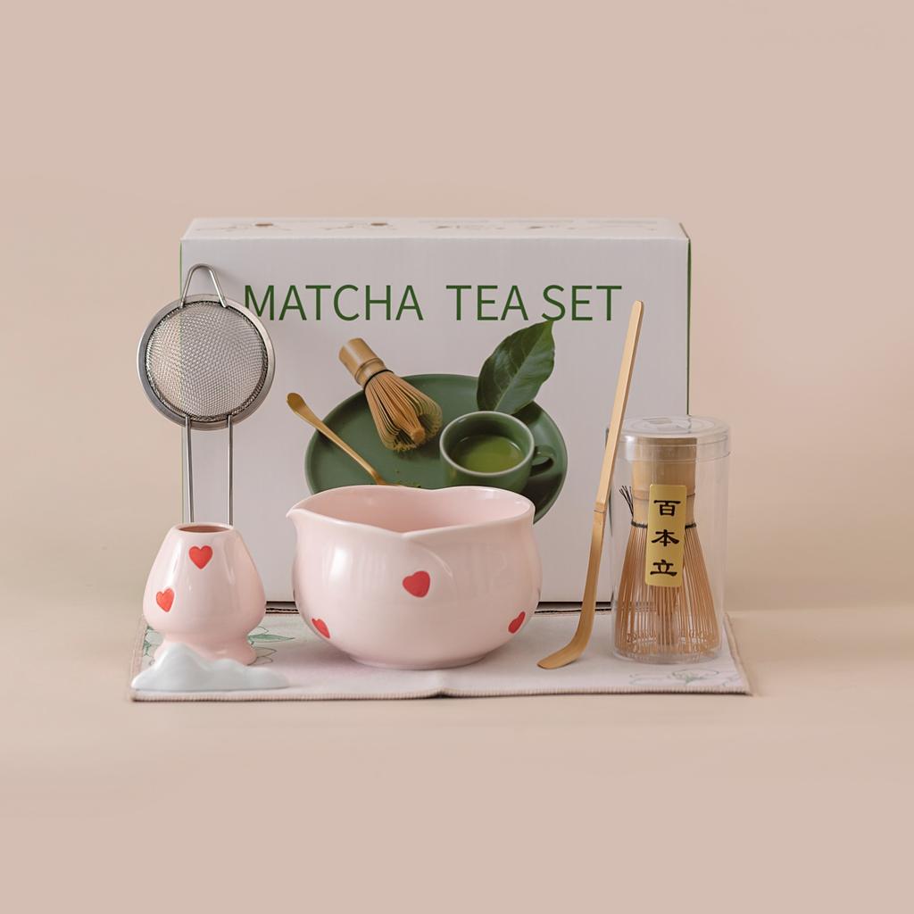 5/7pcs Pink Heart Decal Ceramic Matcha Set, Cute Matcha Set Includes Matcha- Bowl, Matcha Whisk and Holder, Bamboo Scoop, Sifter