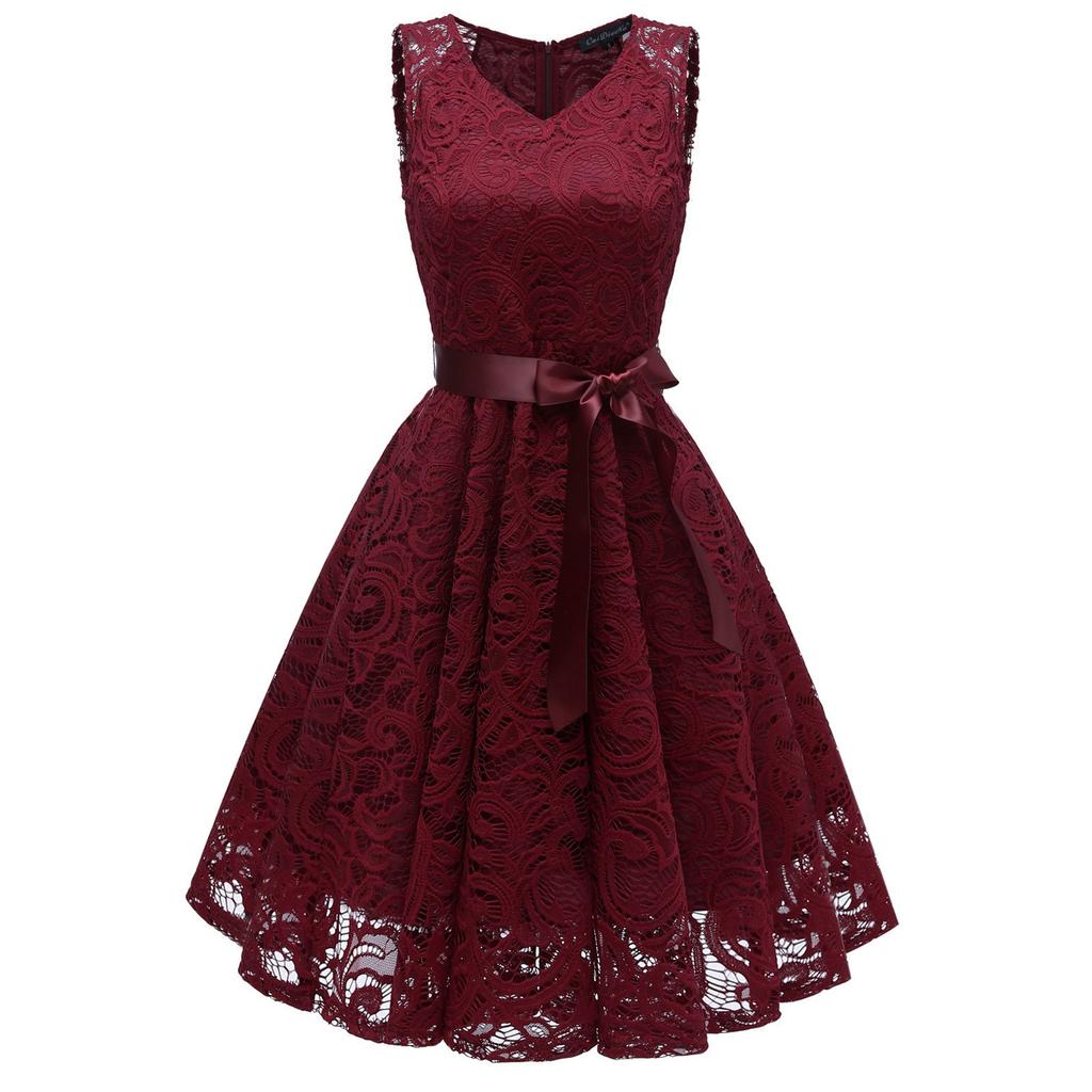 Women Vintage Princess Floral Lace Cocktail V-Neck Party Aline Swing Dress