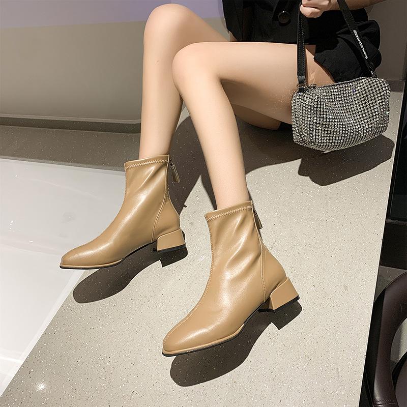 Square head short boots women's autumn and winter new soft leather square heel white thin boots Martin boots