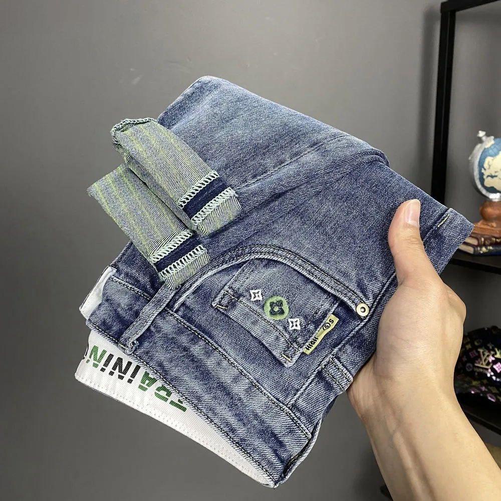 

Роскошные Джинсы с Вышивкой Высокого Класса Мужские 2025 Лето Тонкие Облегающие Скинни Эластичные Повседневные Мягкие Универсальные Длинные Брюки 36 синий