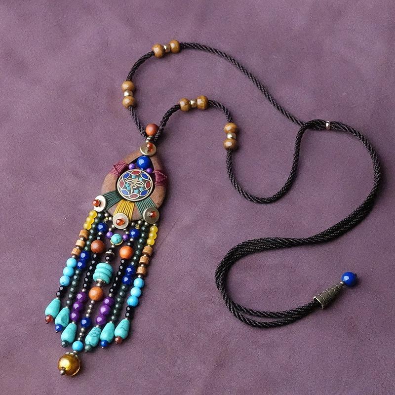 collana lunga etnica pietre dure agata e occhio di tigre, con perle