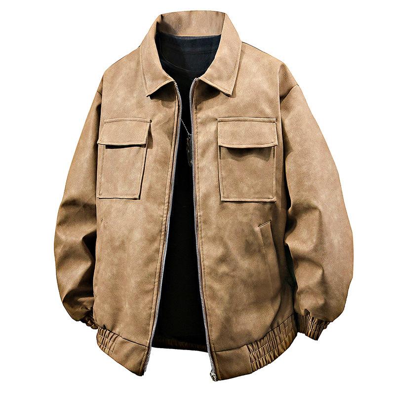 American retro hip hop PU leather lapel jacket men's spring and autumn fashion brand street loose motorcycle suit plankton handsome coat