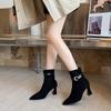 Korean version pointed thick heel belt decorative elastic thin boots large size autumn new black high heel suede short boots