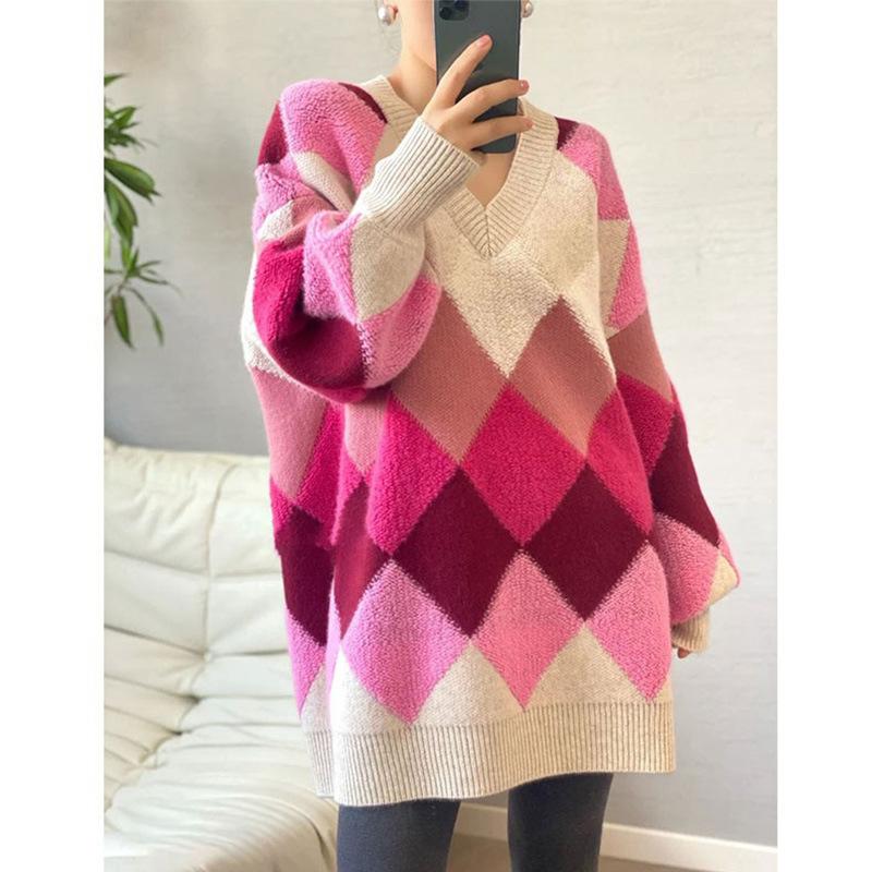 

Женский зимний свободный утолщенный вязаный свитер контрастного цвета с v-образным вырезом и бриллиантами S