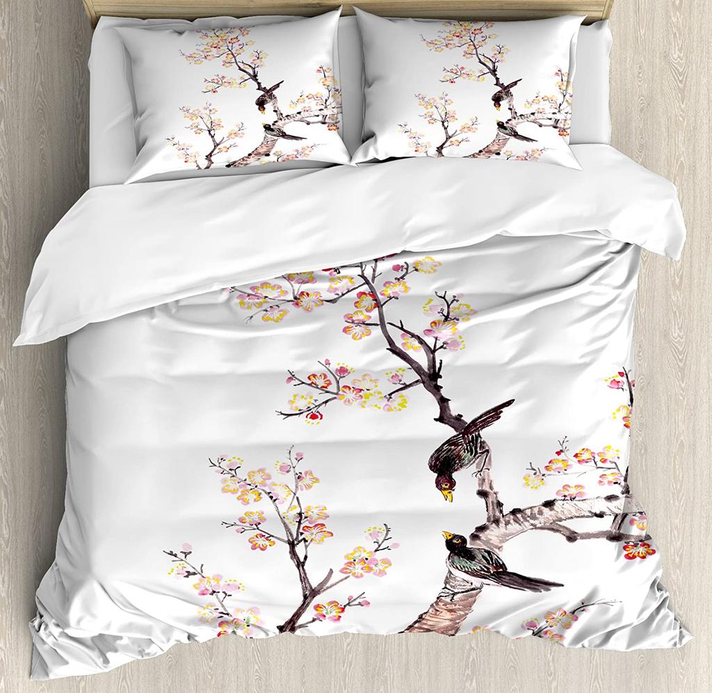 Comforter Crane Plum Tree Pavilion Ink Chinese Style 3Pcs Bedding Set For Double Bed Home Textile