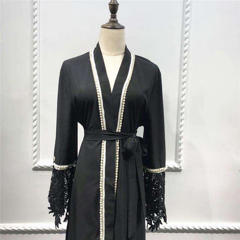 Black Lace Pearl Middle Eastern Style Long Cardigan for Women