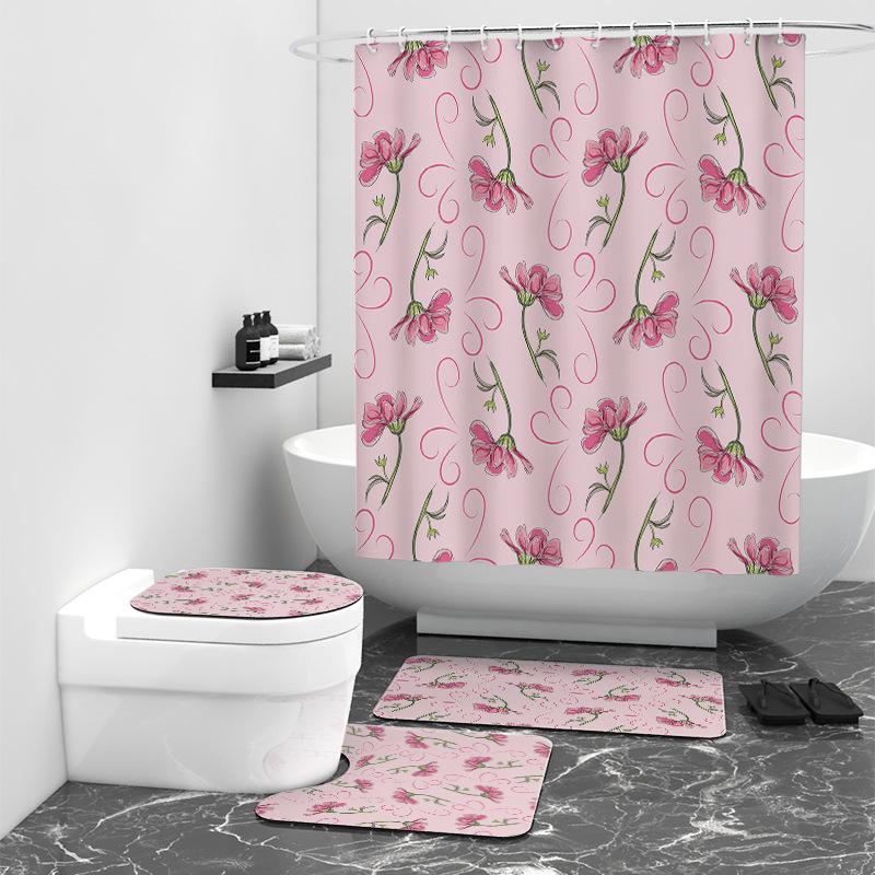 Pink Flower Digital Print Shower Curtain Shower Room Bath Partition Curtain Waterproof Cloth