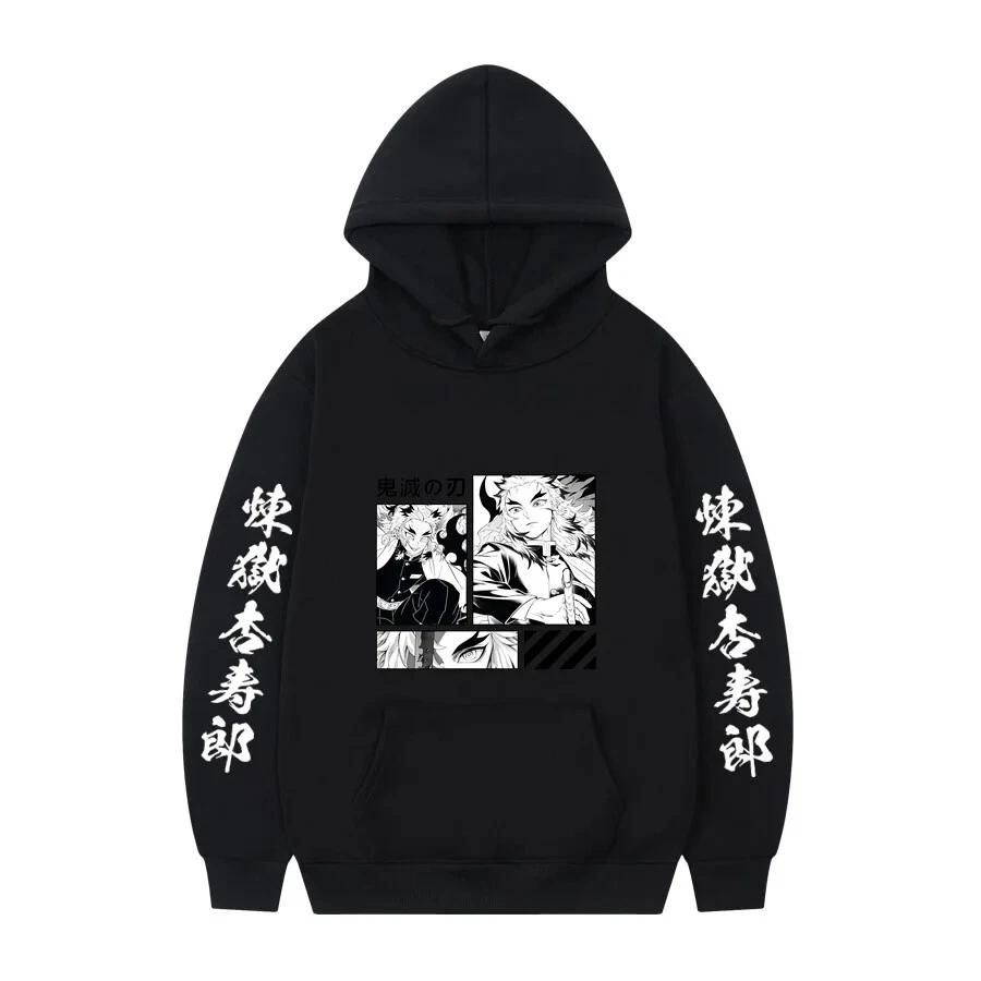 Demon Slayer Anime Hooded Rengoku Kyoujurou Printed Men Hoodies Comfortable Unisex Oversized Sweatshirt Harajuku Streetwear
