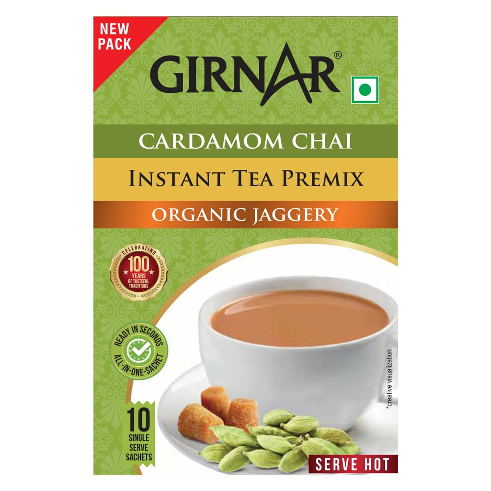Girnar Instant Cardamom Chai Premix With Organic Jaggery Green Tea 10Sachets Easy Hot Beverage 10 Count Travel Friendly