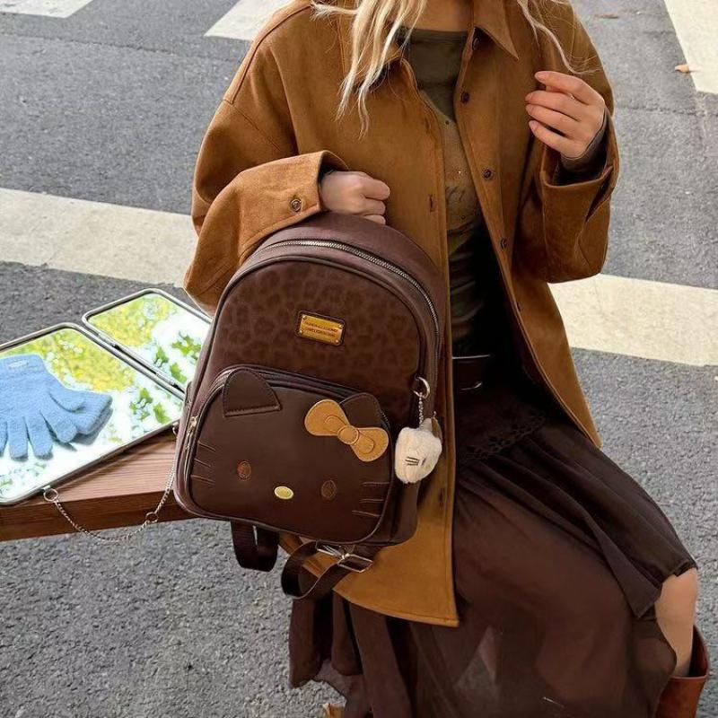 Vintage Plecak Hello Kitty w Panterkę dla Kobiet, PU Studentska Torba Szkolna, Urocza Kreskówkowa Torba na Ramię, Duża Pojemność Modny Plecak