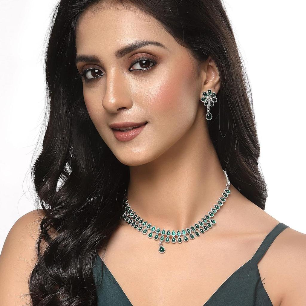 Oxidised  Pear Shaped American Diamond Studded Necklace Earrings Jewellery Set for Girls and Women