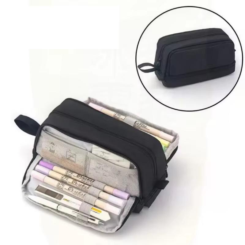 Cross-border  Fabric Pencil Case Stationery Bag Student Macaron Color Double Window Multi-function Learning Zipper