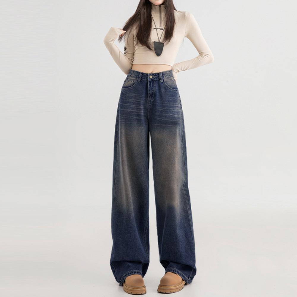 Trendy high street design sense washed wide-leg jeans spring and autumn new high-waisted loose mopping jeans