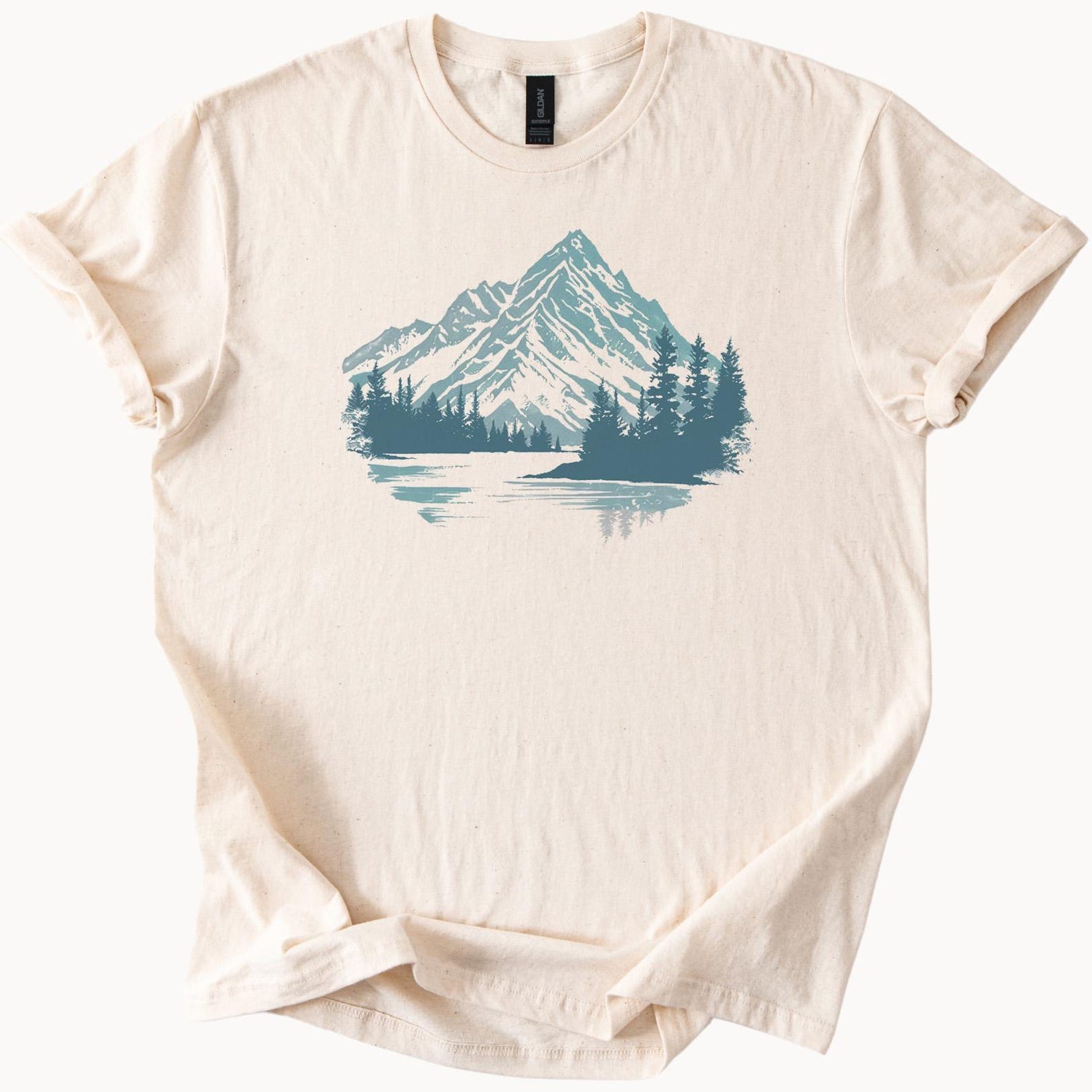 Mountain Lake Forest Graphic T Shirt Nature Scene Tee with Snowy Peaks Pine Trees and Reflection Outdoors Hiking Adventure Shirt 150