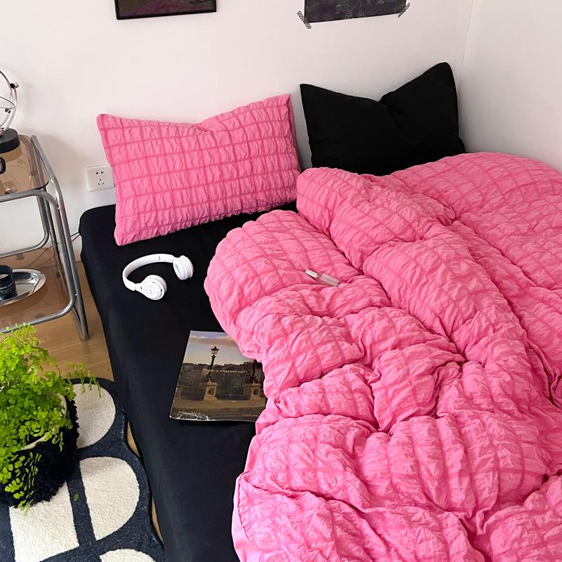 Girls Bubble Gauze Bedding Set Summer Cooling Soft Comforter Cover Kit Solid Color Skin Friendly Sleeping Naked Bedclothes