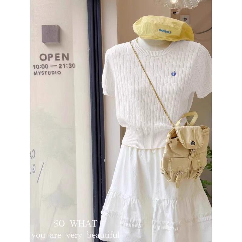 2025 Ice Silk Embroidered Knit Short Sleeve Straight Shoulder Women's Petite Summer Top