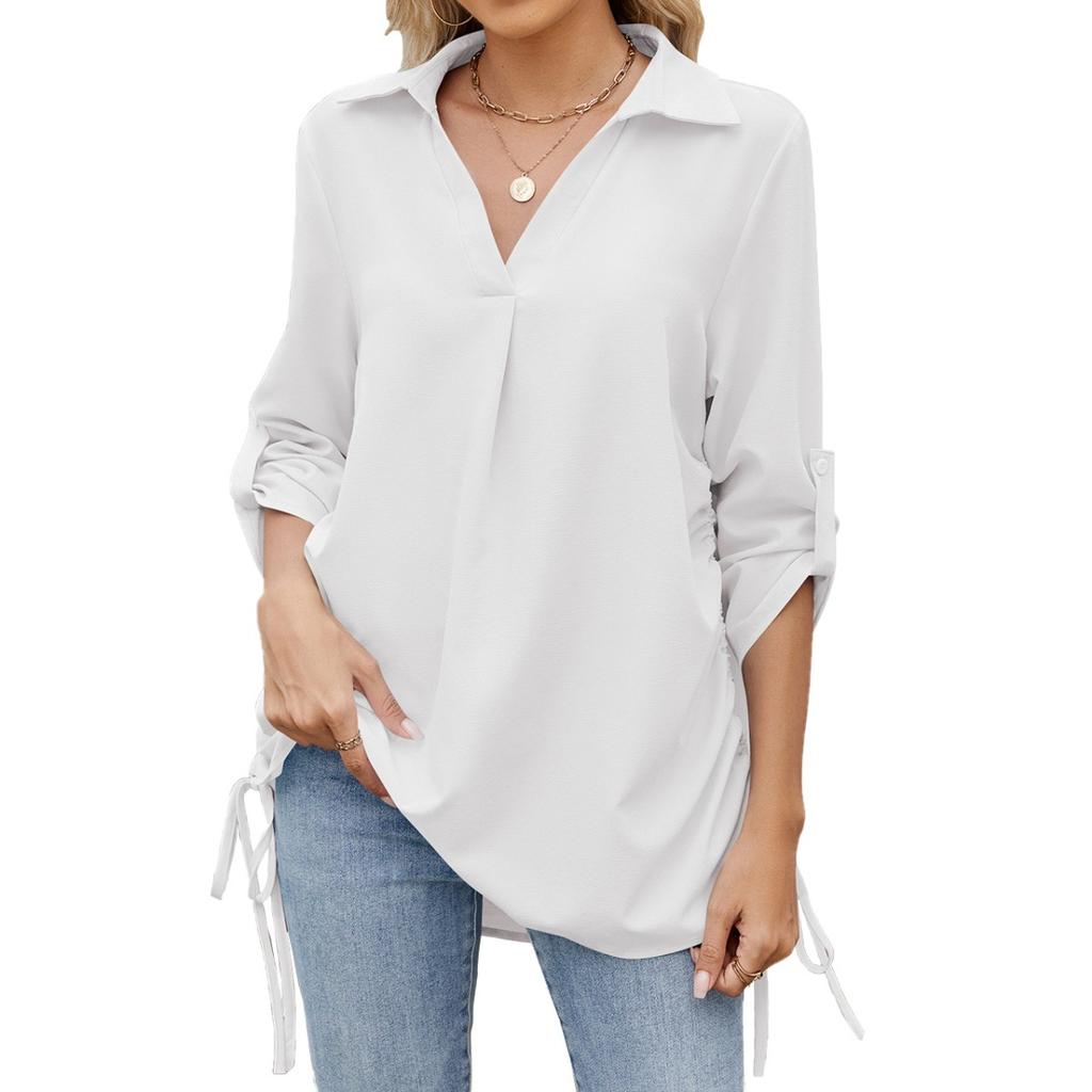 Spring Summer New Women's Solid Color Lapid Loose 3/4 Sleeve Chiffon Shirt Blouse Casual Top for Cross-border