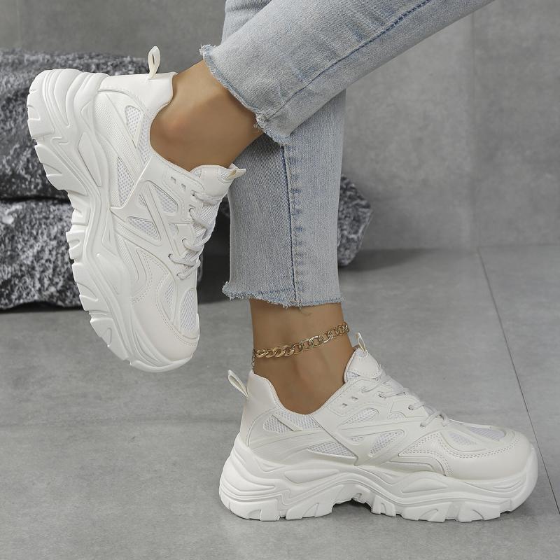Fashion Solid White Thick Bottom Sneakers Women  Autumn Breathable Mesh Lace Up Sneakers Casual Soft Sole Running Shoes