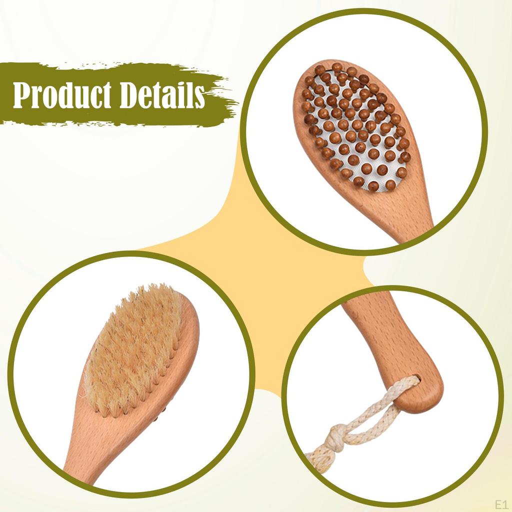 2 In 1 Wooden Shower Brush Back Scrubber with Massage Nodules Shampoo for Wet/Dry Brushing