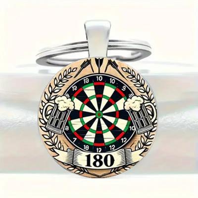 Round Glass Alloy Keychain Pendant Dartboard Design with Beer Mug Graphics and 180 Score Banner Durable Metal Key Ring Accessory
