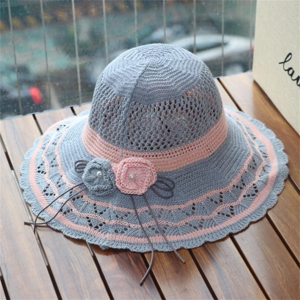 (One Size, Gray) Women Summer Knit Sun Hat Breathable Crochet Flower Wide Brim Sun Protection Fisherman Cap