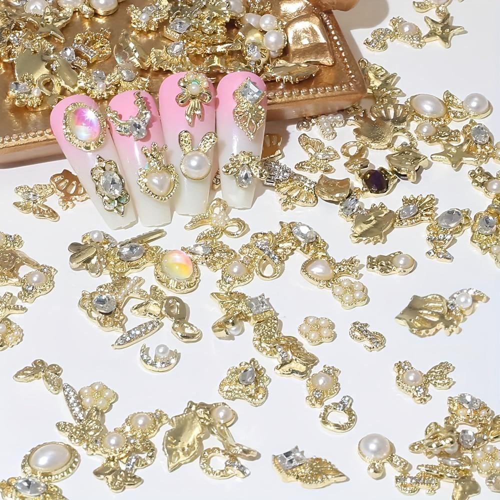 30pcs Luxury Nail Charms With Rhinestones/Pearls, Silvery Golden Nail Art Accessories, 3D Alloy Nail Art Jewelry For Nail Art Decoration