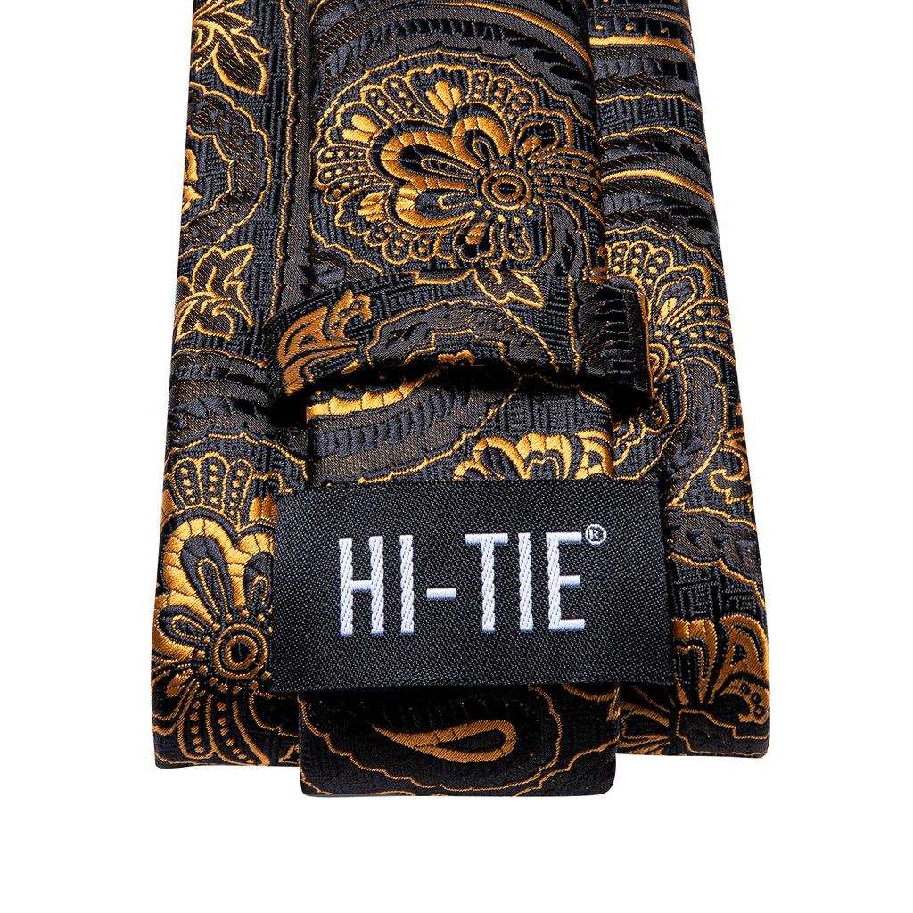 Hi-Tie Dunkelgoldenes Paisleymuster, Jacquard-Krawatte aus Seide für Herren, klassische Krawatte, Manschettenknöpfe, Taschentuch-Set