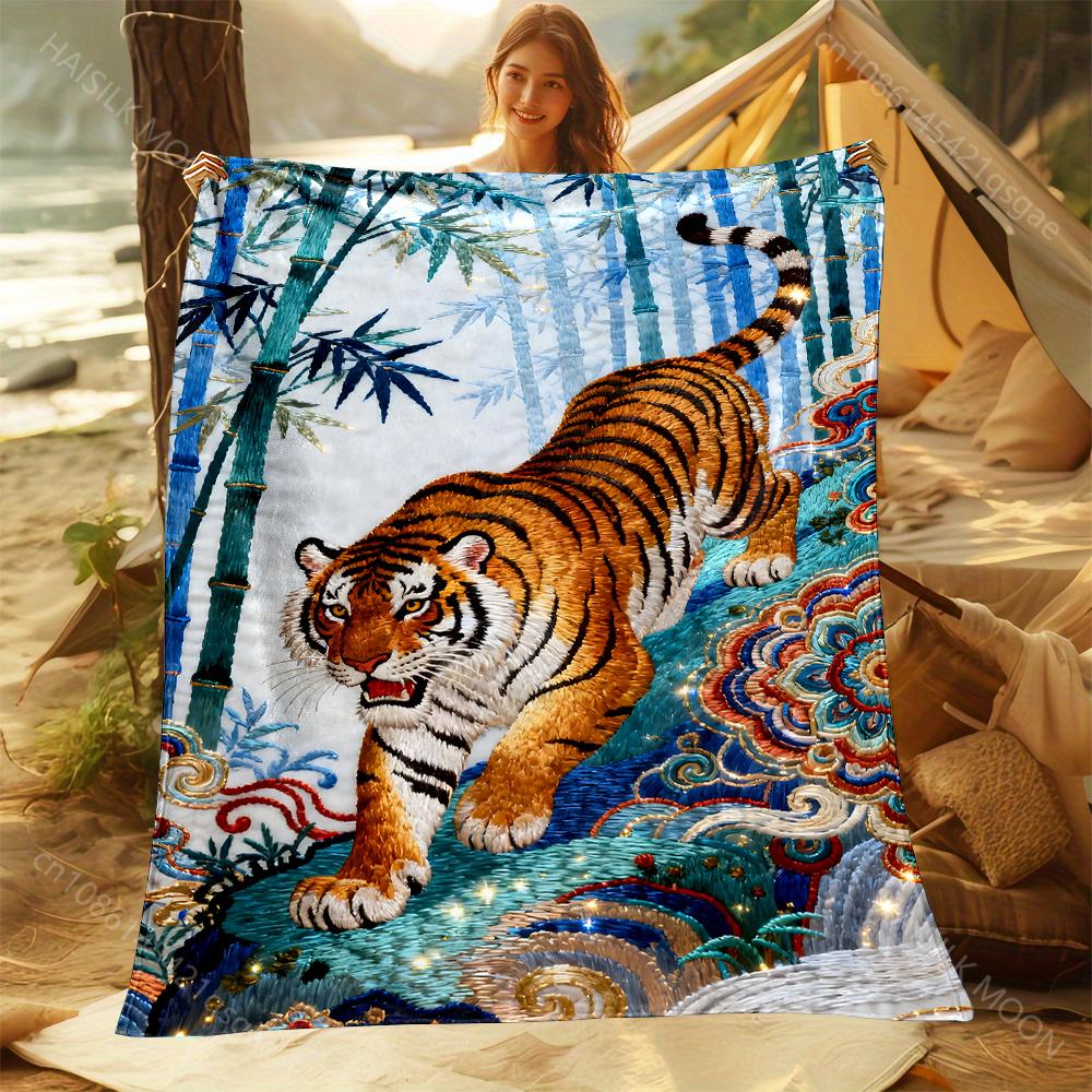 Embroidered Pattern with Tiger and Bamboo Blanket Suitable for Home Bedroom Sofa Travel Camping Blanket Various Sizes for Gifts