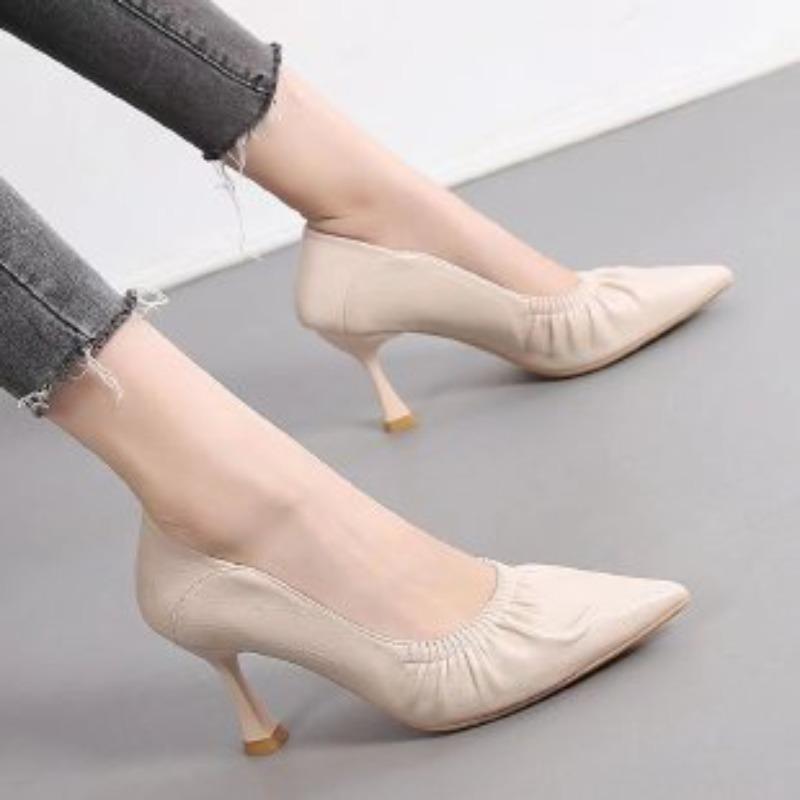 office work shoes, women's high heels, pointed toe, light cut single shoes, black, beige, fashionable for women