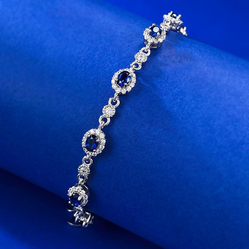 Zhuozhifan S925 Sterling Silver Simulated Sapphire & Diamond Oval Bracelet for Women, Adjustable, Chinese Style.