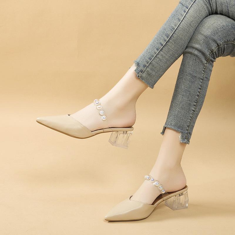 Summer new Korean version pointed transparent with pearl bag head thick heel women cool slippers fashion casual high heel slippers women