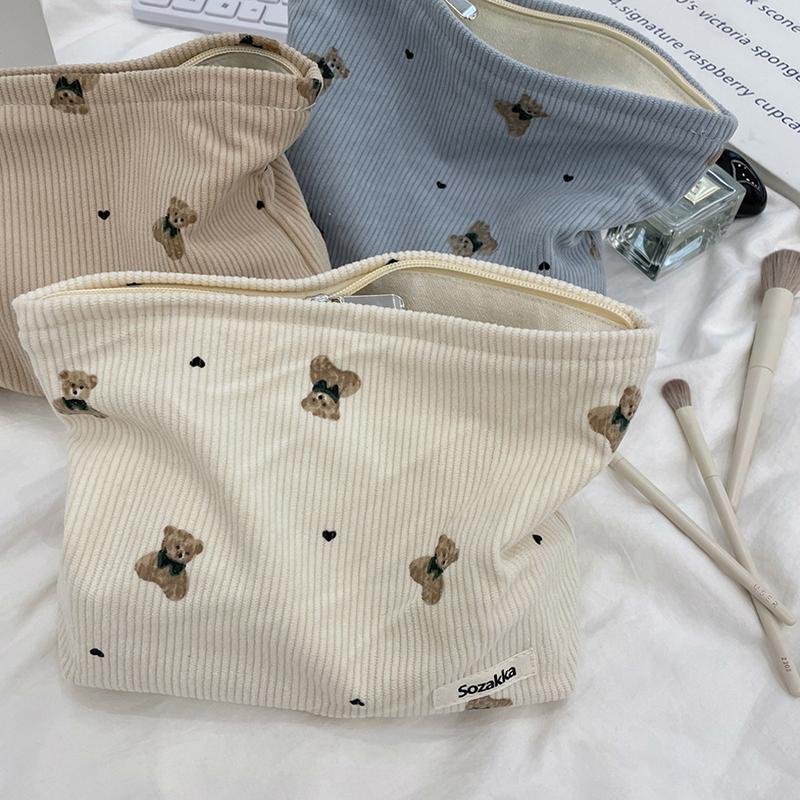 Portable Cartoon Bear Makeup Bag Corduroy Large Capacity Cosmetic Bag Pen Bags For Women Lady Girl
