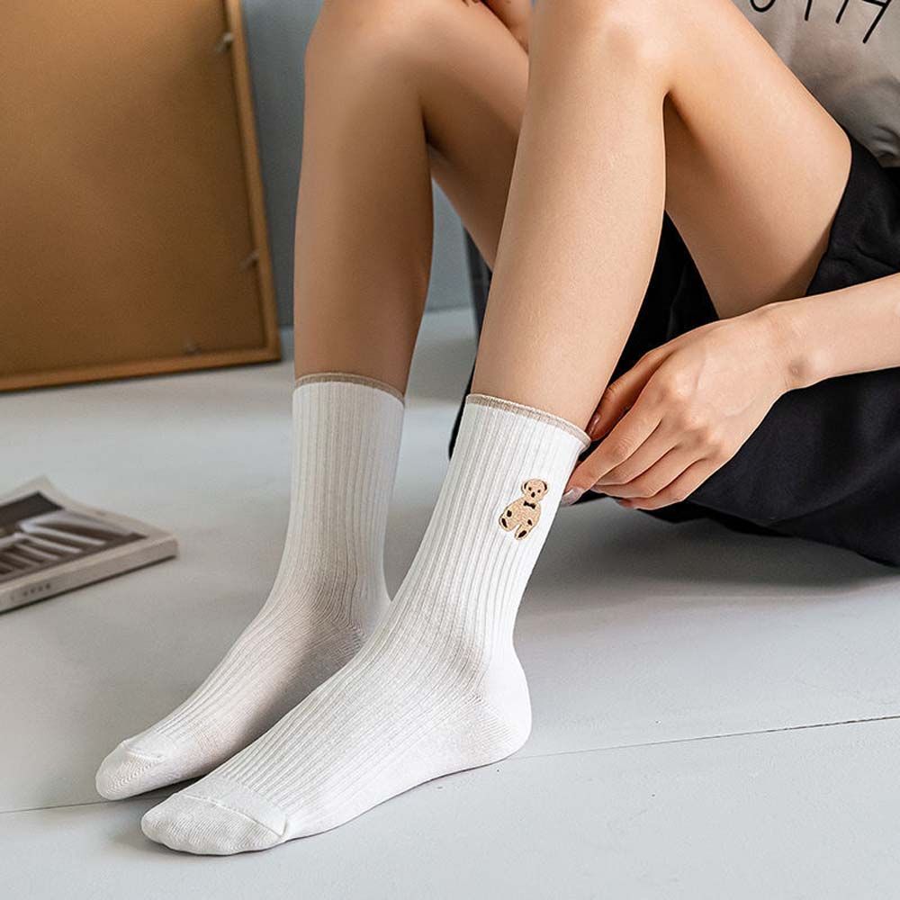 

Спортивные милые вышитые полосатые животные однотонные носки с медведем из хлопка женские носки средней длины хаки