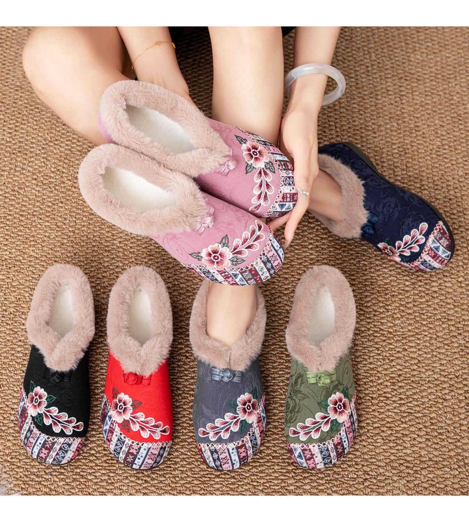 Women's Ethnic Embroidered Hanfu Cotton Shoes - Fleece Lined, Non-Slip, Warm, for Middle-Aged & Elderly.